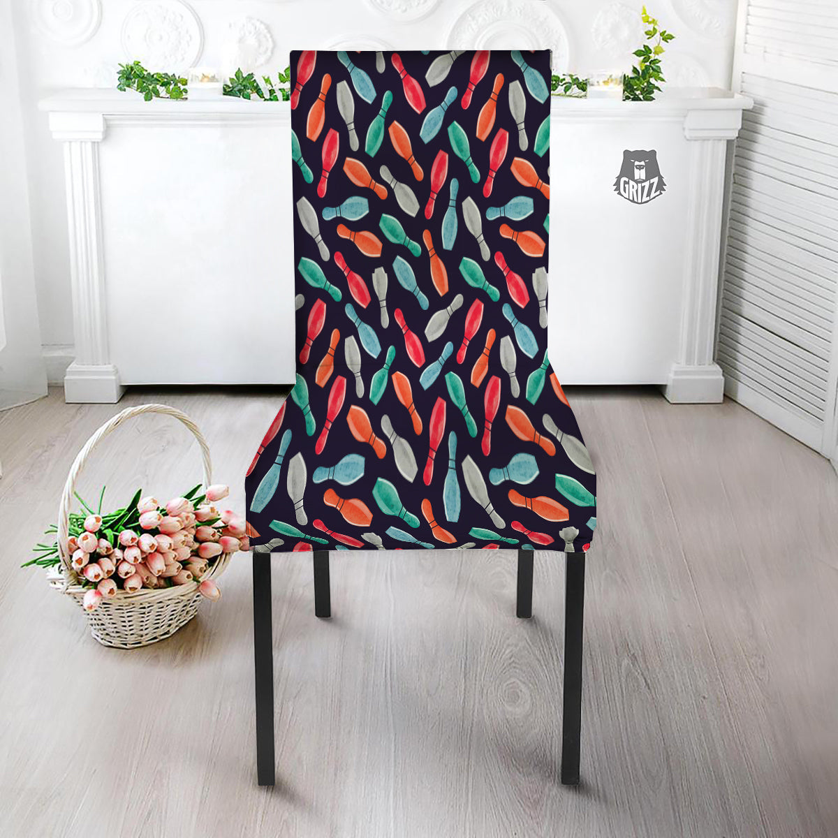 Bowling Pins Watercolor Print Pattern Dining Chair Slipcover-grizzshop