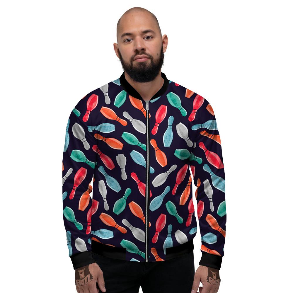 Bowling Pins Watercolor Print Pattern Men's Bomber Jacket-grizzshop