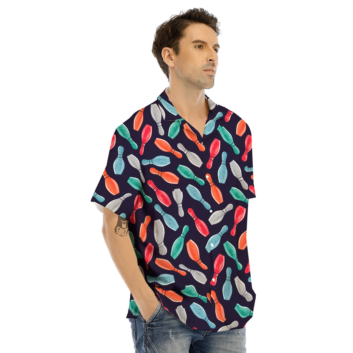 Bowling Pins Watercolor Print Pattern Men's Hawaiian Shirt-grizzshop