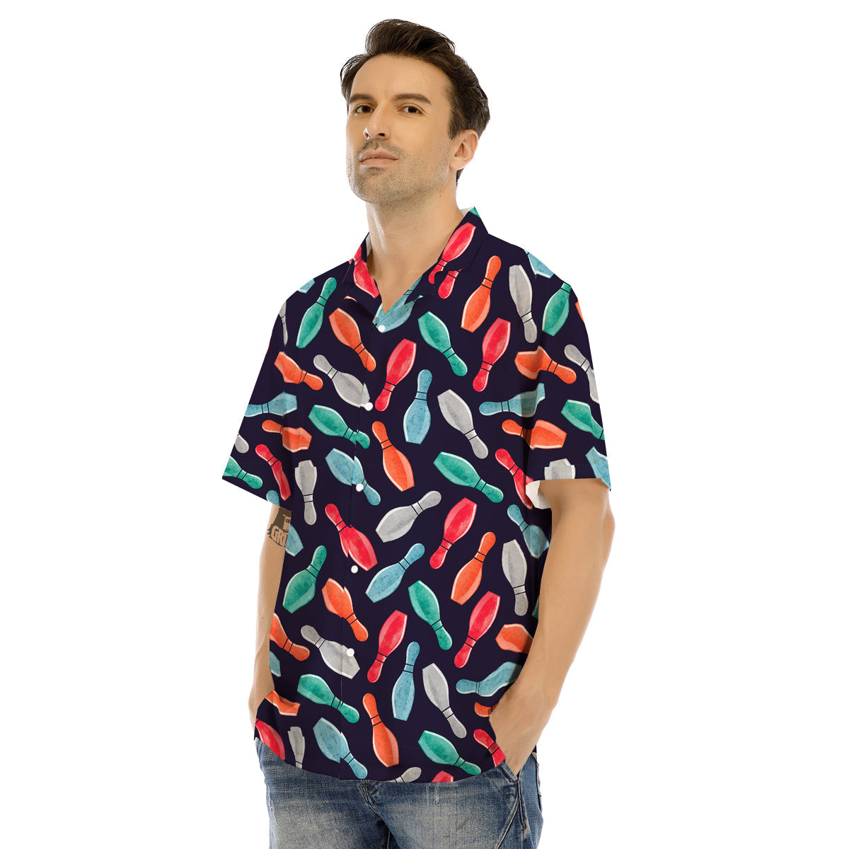 Bowling Pins Watercolor Print Pattern Men's Hawaiian Shirt-grizzshop