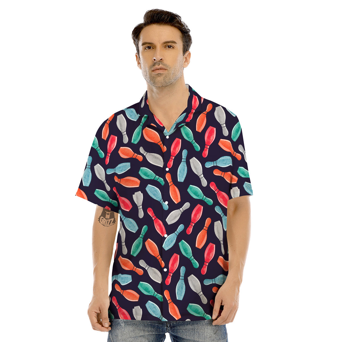 Bowling Pins Watercolor Print Pattern Men's Hawaiian Shirt-grizzshop
