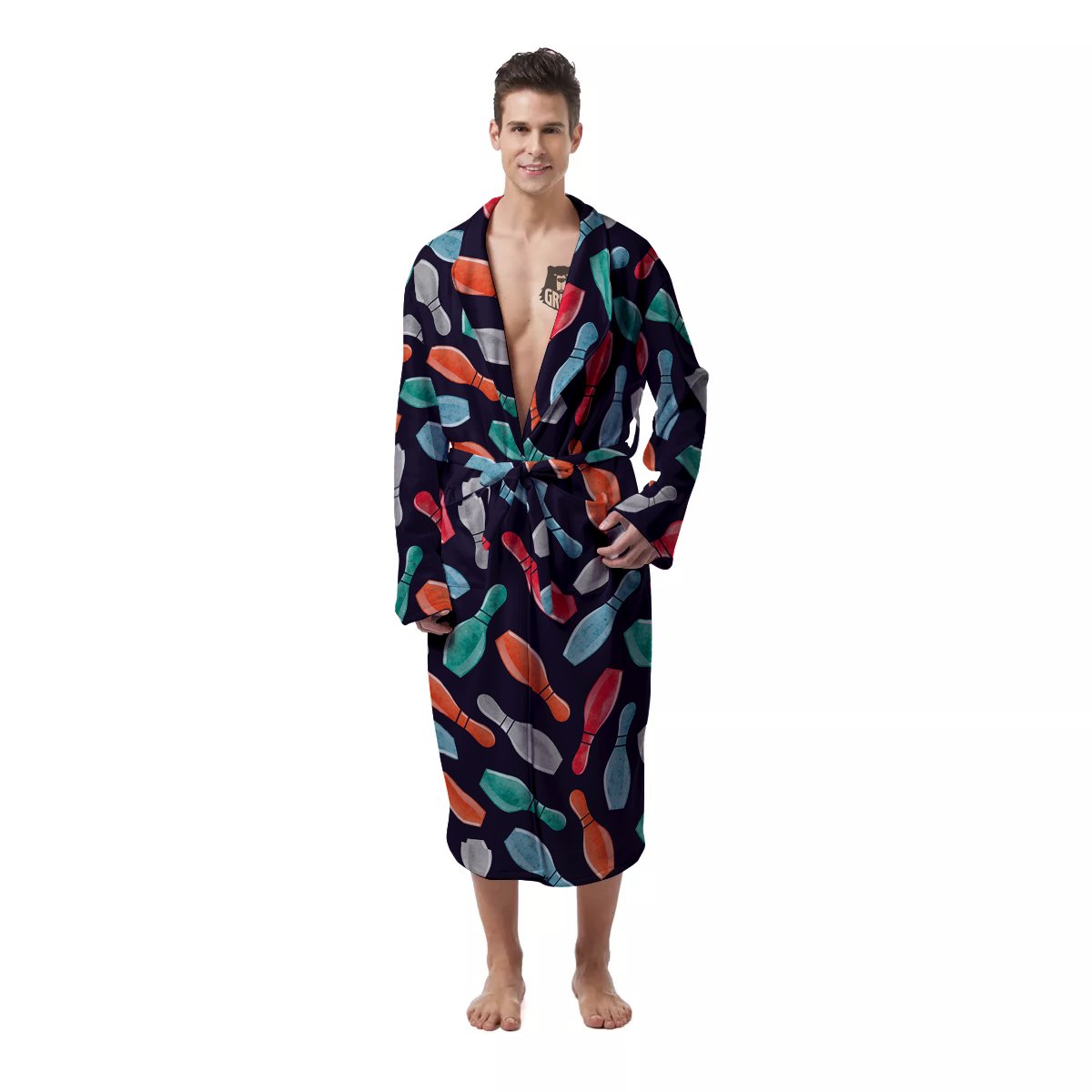 Bowling Pins Watercolor Print Pattern Men's Robe-grizzshop