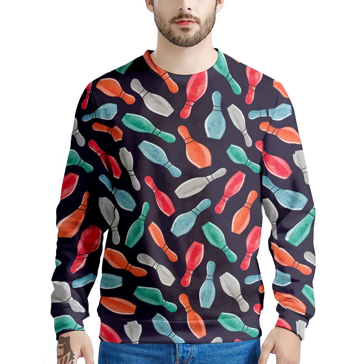 Bowling Pins Watercolor Print Pattern Men's Sweatshirt-grizzshop