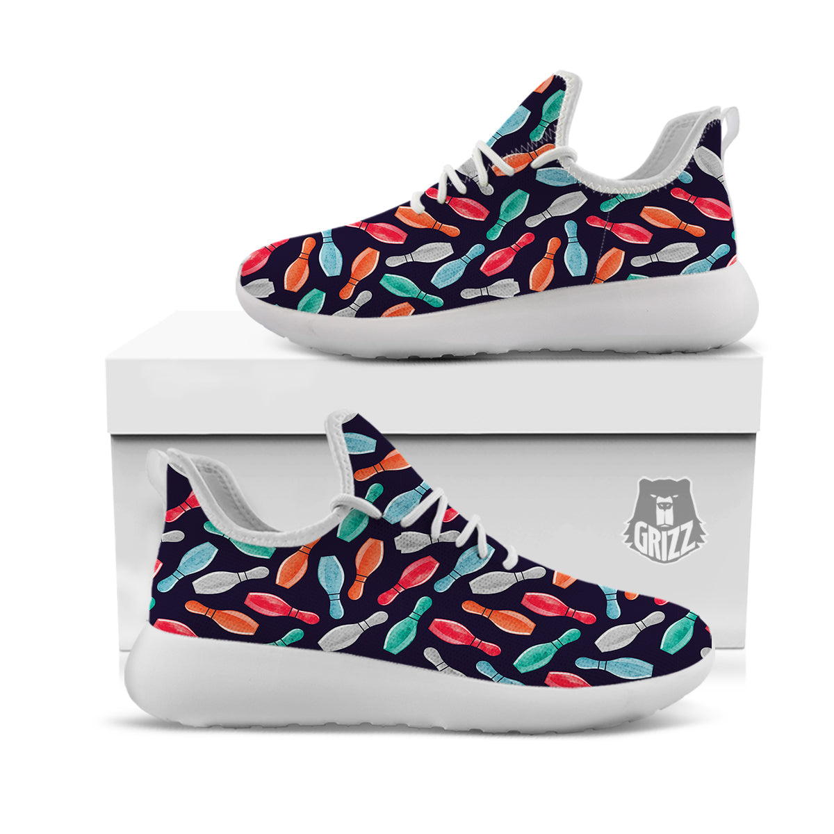 Bowling Pins Watercolor Print Pattern White Athletic Shoes-grizzshop
