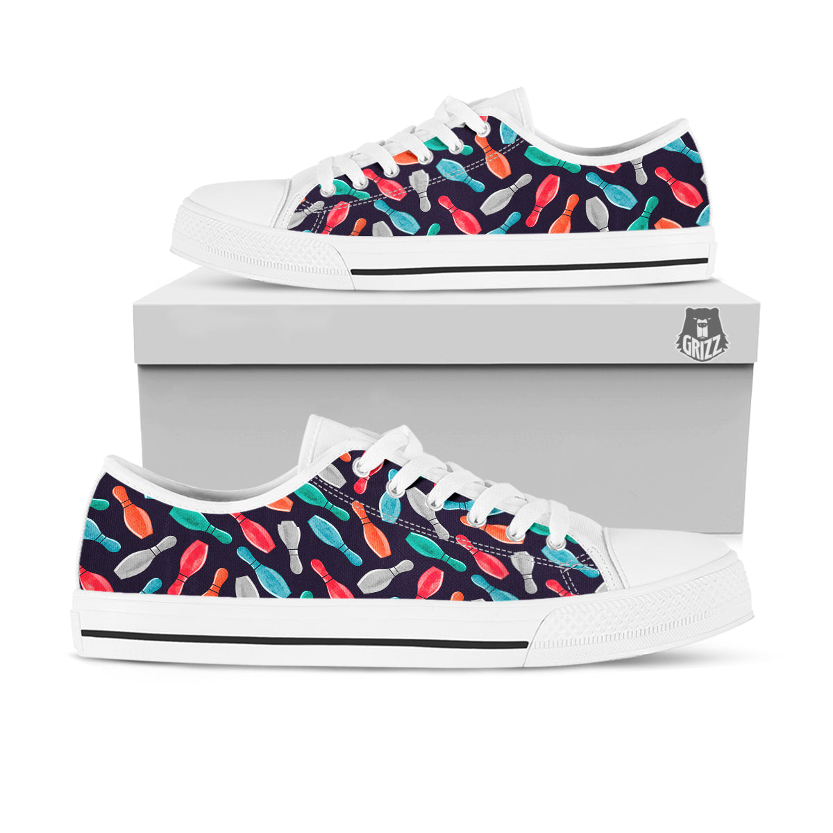 Bowling Pins Watercolor Print Pattern White Low Top Shoes-grizzshop