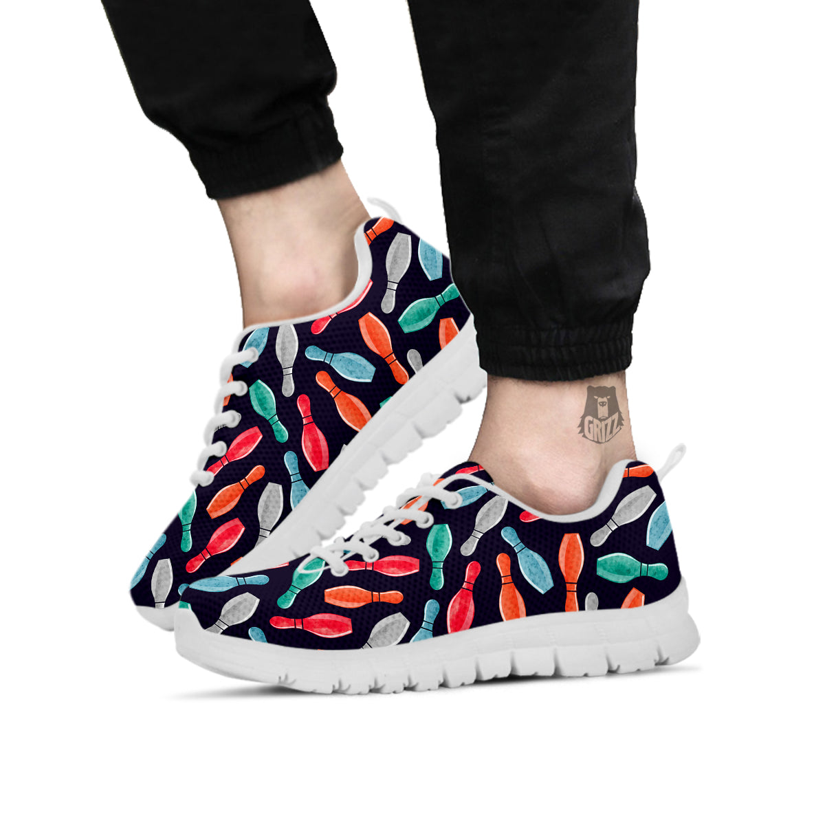 Bowling Pins Watercolor Print Pattern White Sneaker-grizzshop
