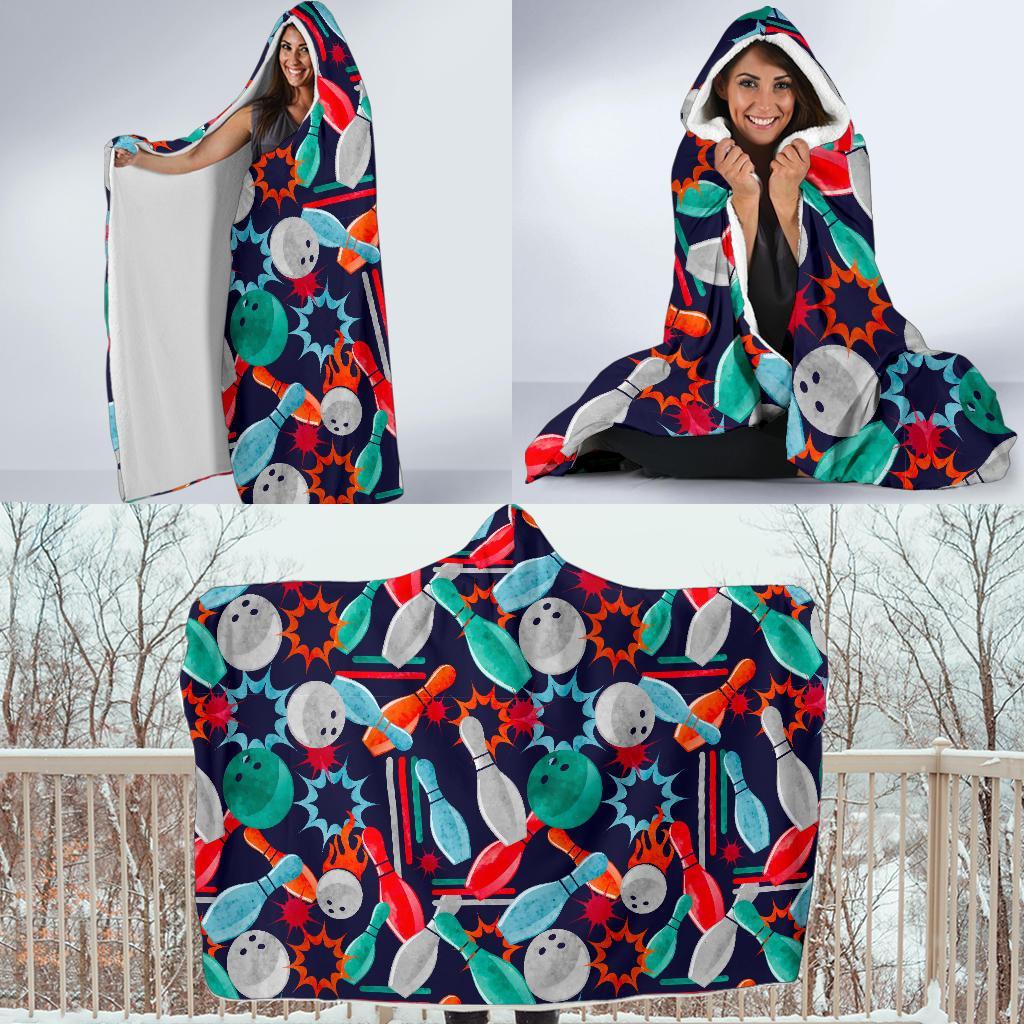 Bowling Stike Pattern Print Hooded Blanket-grizzshop