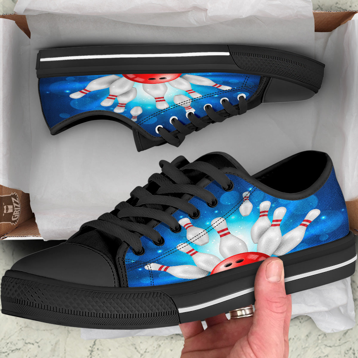 Bowling Strike Print Black Low Top Shoes-grizzshop