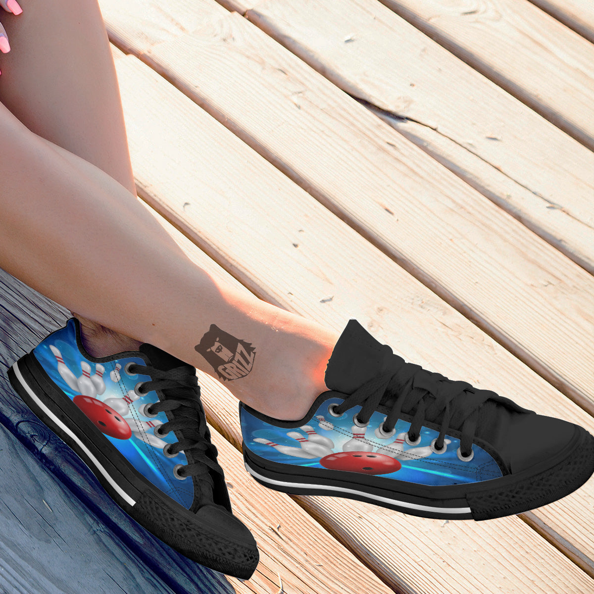 Bowling Strike Print Black Low Top Shoes-grizzshop