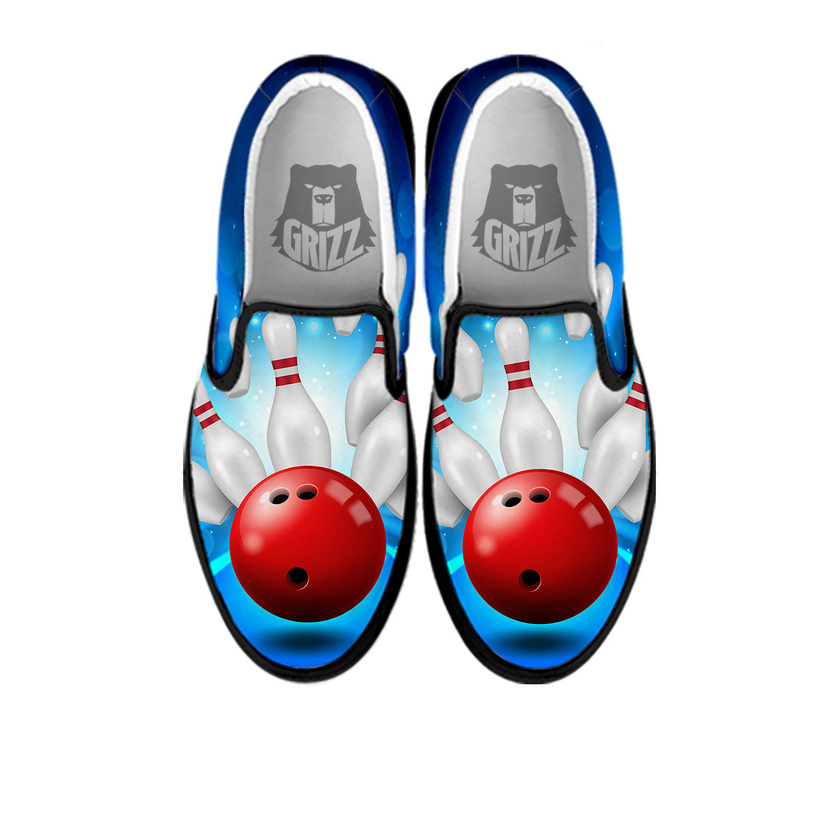 Bowling Strike Print Black Slip On Shoes-grizzshop
