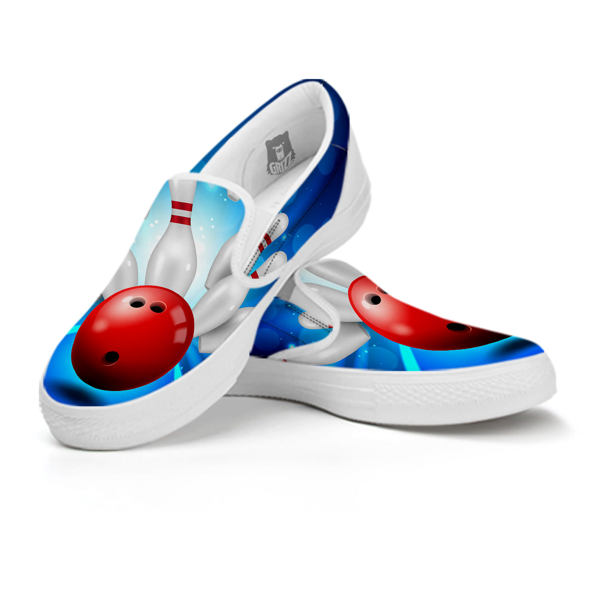 Bowling Strike Print White Slip On Shoes-grizzshop