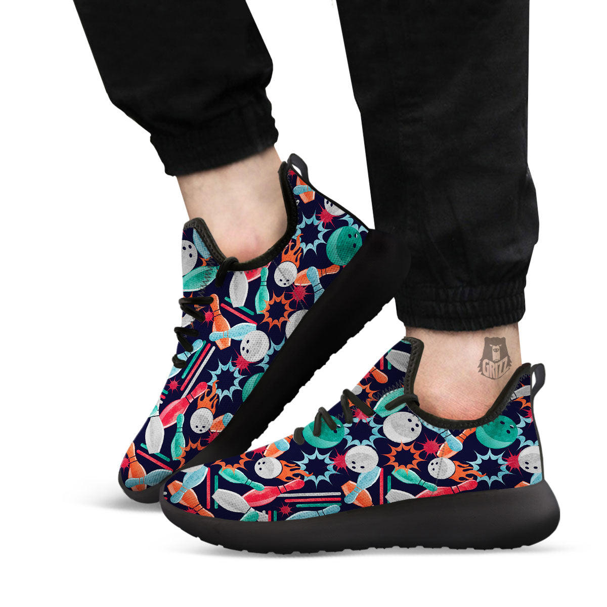 Bowling Theme Watercolor Print Pattern Black Athletic Shoes-grizzshop