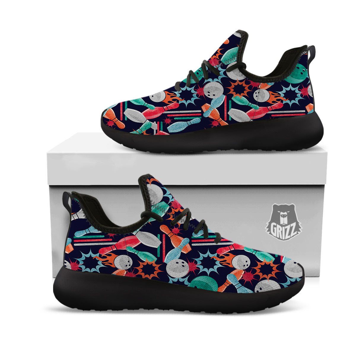Bowling Theme Watercolor Print Pattern Black Athletic Shoes-grizzshop