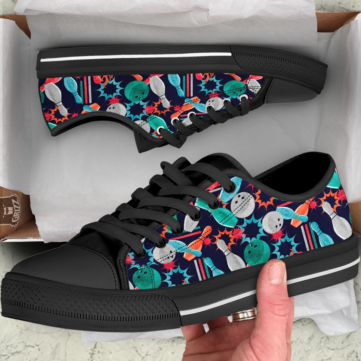 Bowling Theme Watercolor Print Pattern Black Low Top Shoes-grizzshop