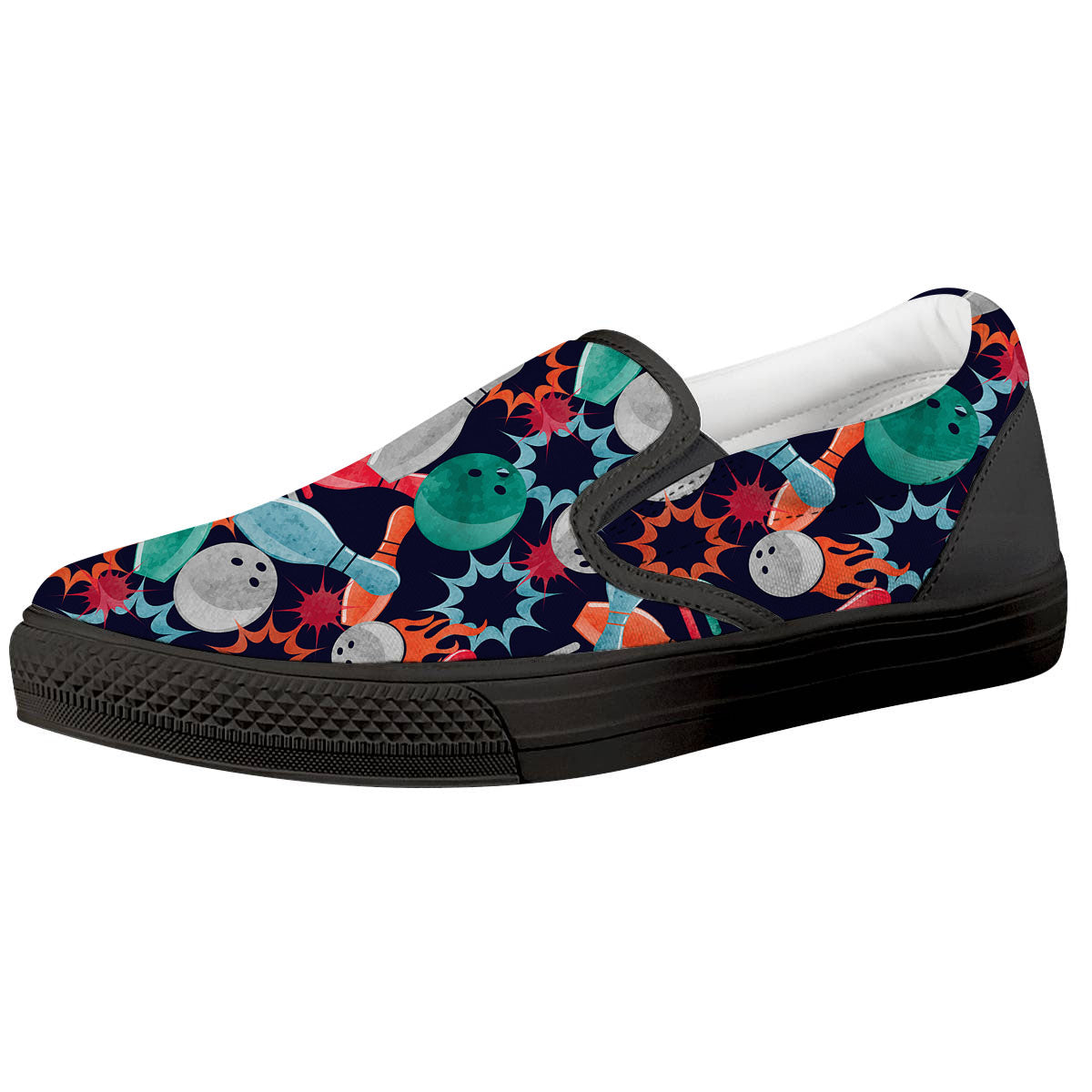Bowling Theme Watercolor Print Pattern Black Slip On Shoes-grizzshop