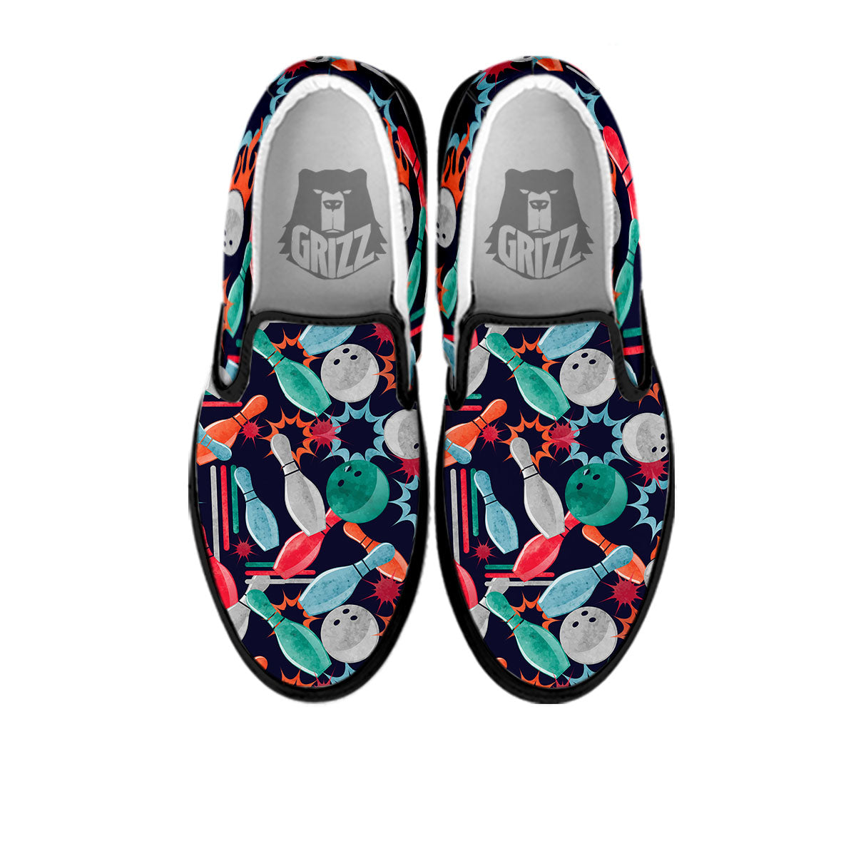 Bowling Theme Watercolor Print Pattern Black Slip On Shoes-grizzshop