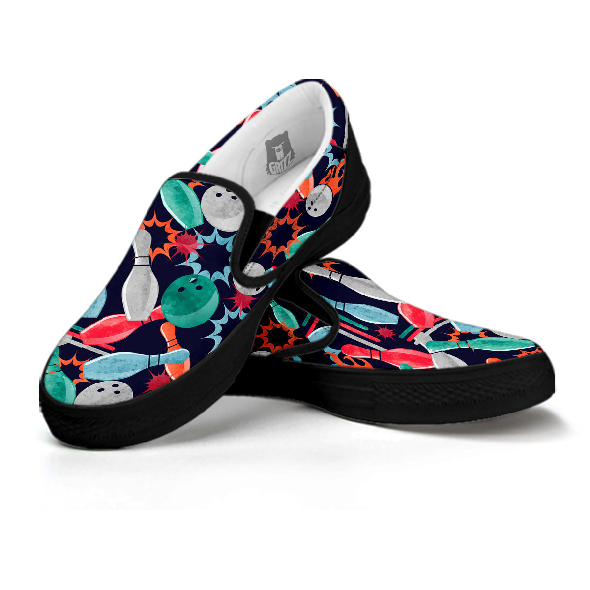Bowling Theme Watercolor Print Pattern Black Slip On Shoes-grizzshop
