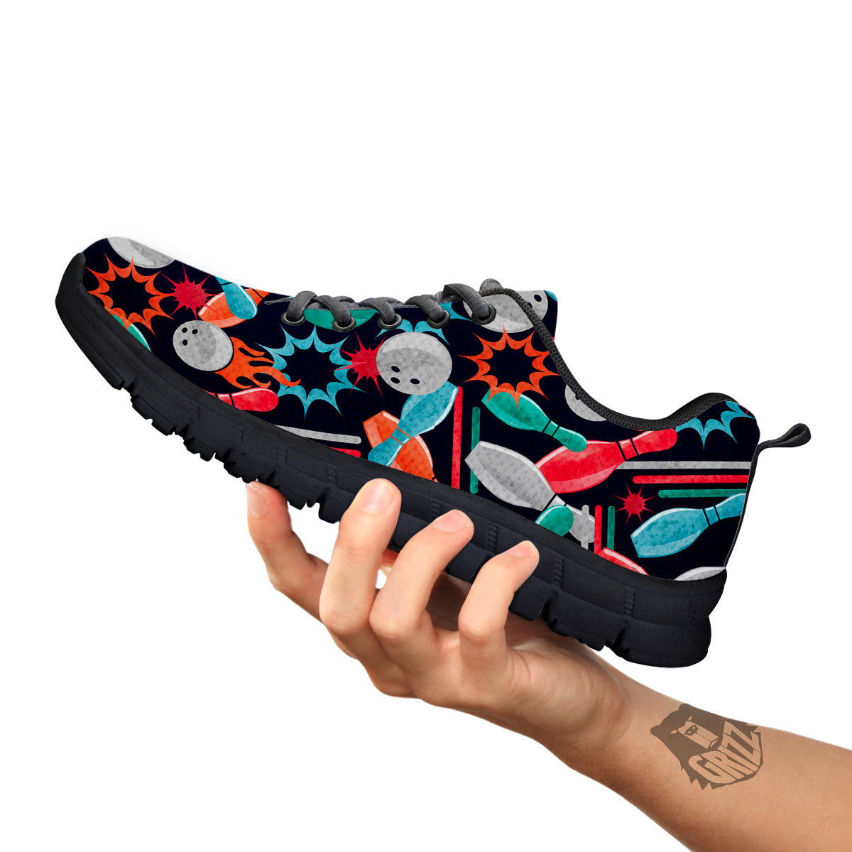 Bowling Theme Watercolor Print Pattern Black Sneaker-grizzshop