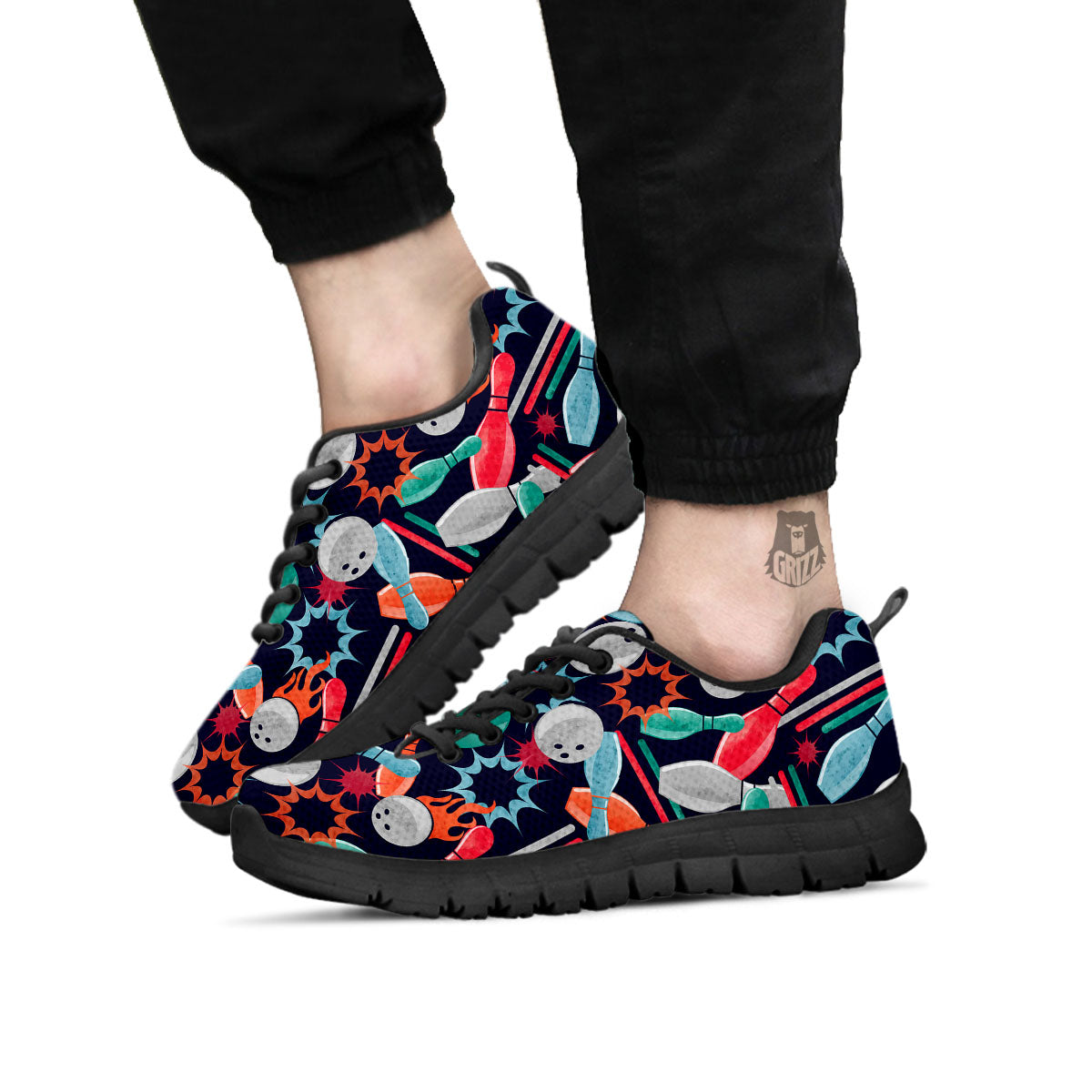 Bowling Theme Watercolor Print Pattern Black Sneaker-grizzshop