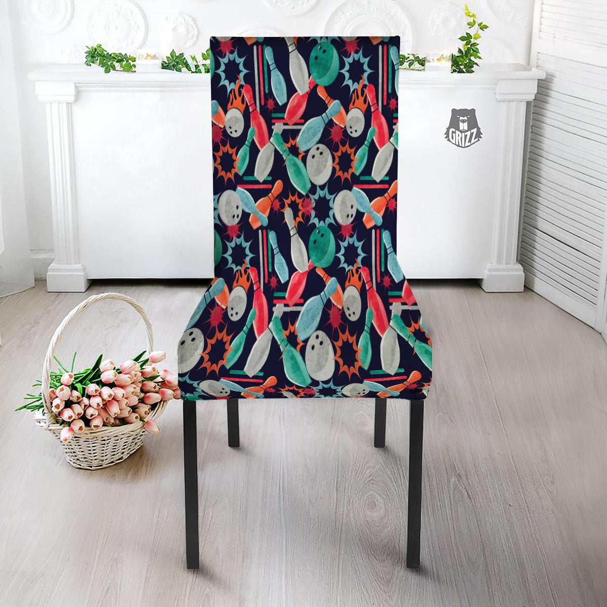 Bowling Theme Watercolor Print Pattern Dining Chair Slipcover-grizzshop