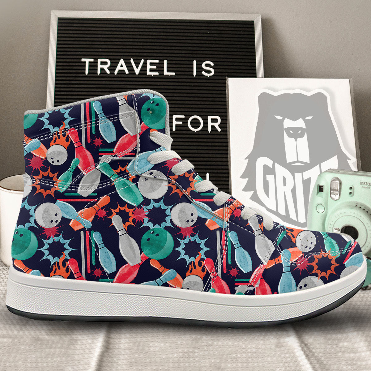 Bowling Theme Watercolor Print Pattern High Top Sneakers-grizzshop