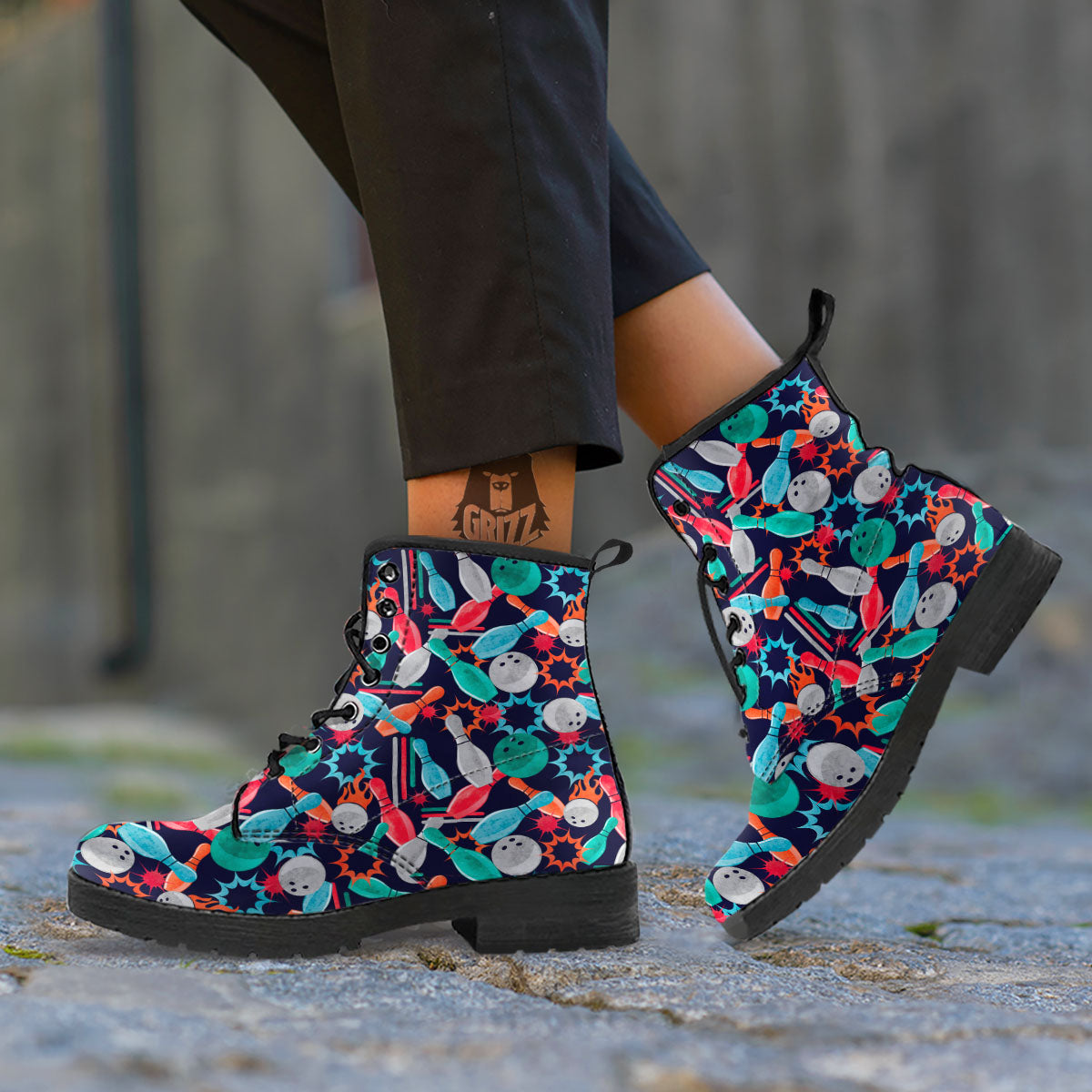 Bowling Theme Watercolor Print Pattern Leather Boots-grizzshop
