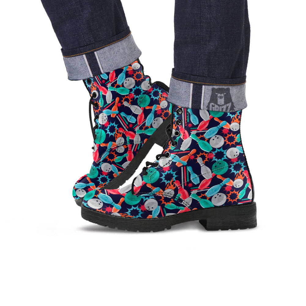 Bowling Theme Watercolor Print Pattern Leather Boots-grizzshop