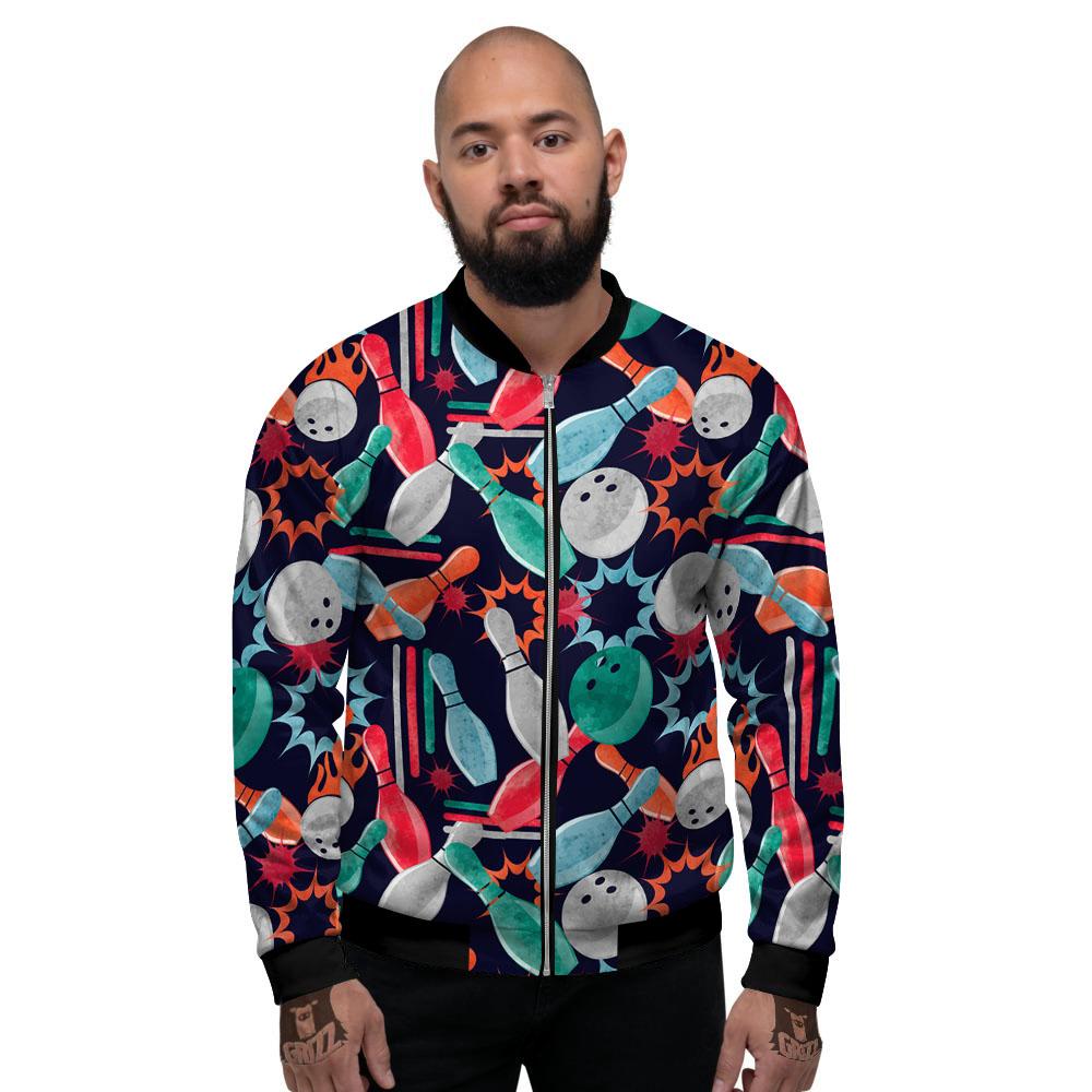 Bowling Theme Watercolor Print Pattern Men's Bomber Jacket-grizzshop