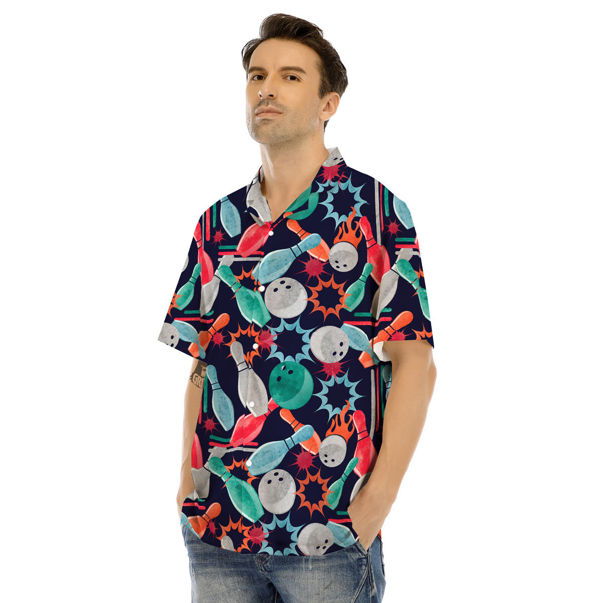 Bowling Theme Watercolor Print Pattern Men's Hawaiian Shirt-grizzshop