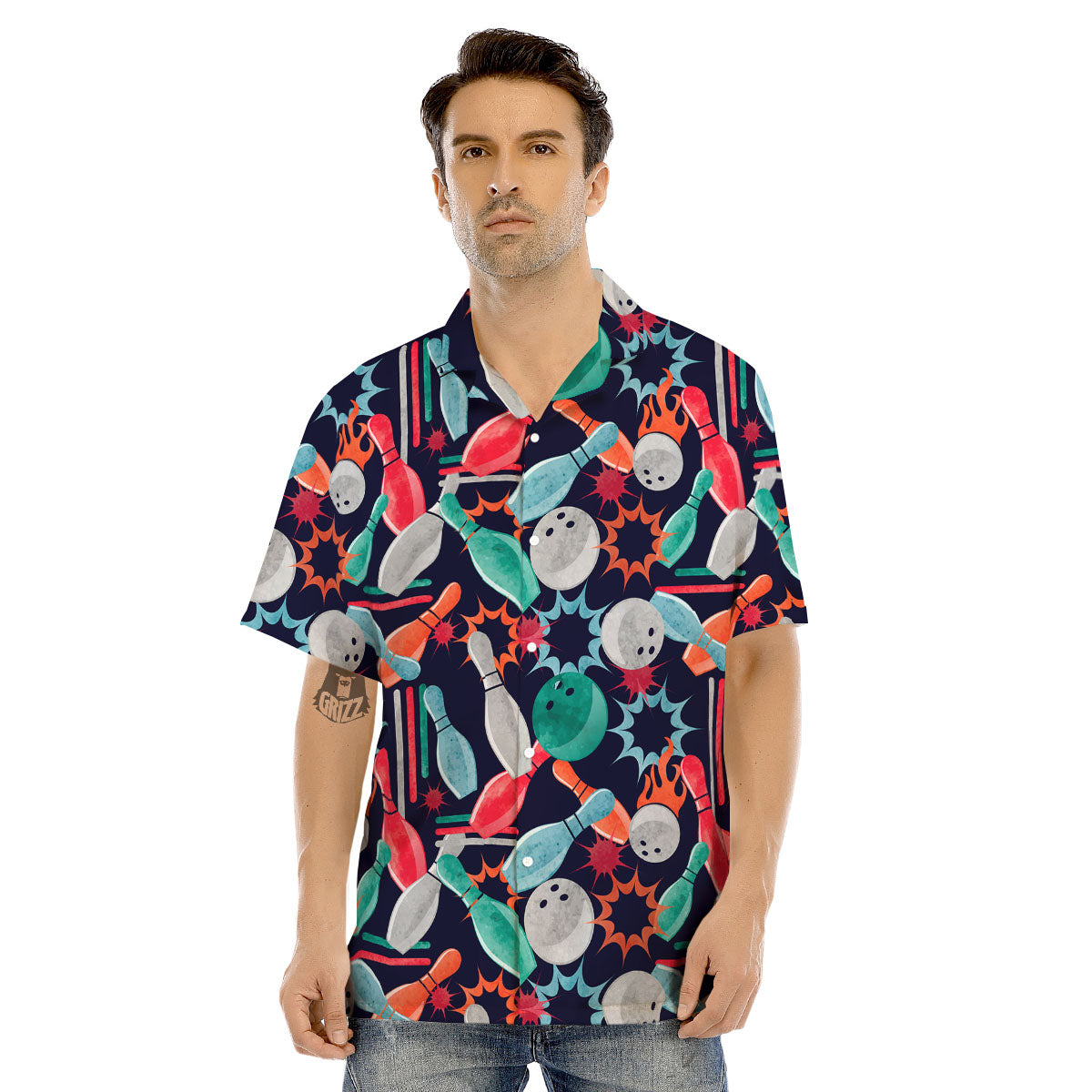 Bowling Theme Watercolor Print Pattern Men's Hawaiian Shirt-grizzshop