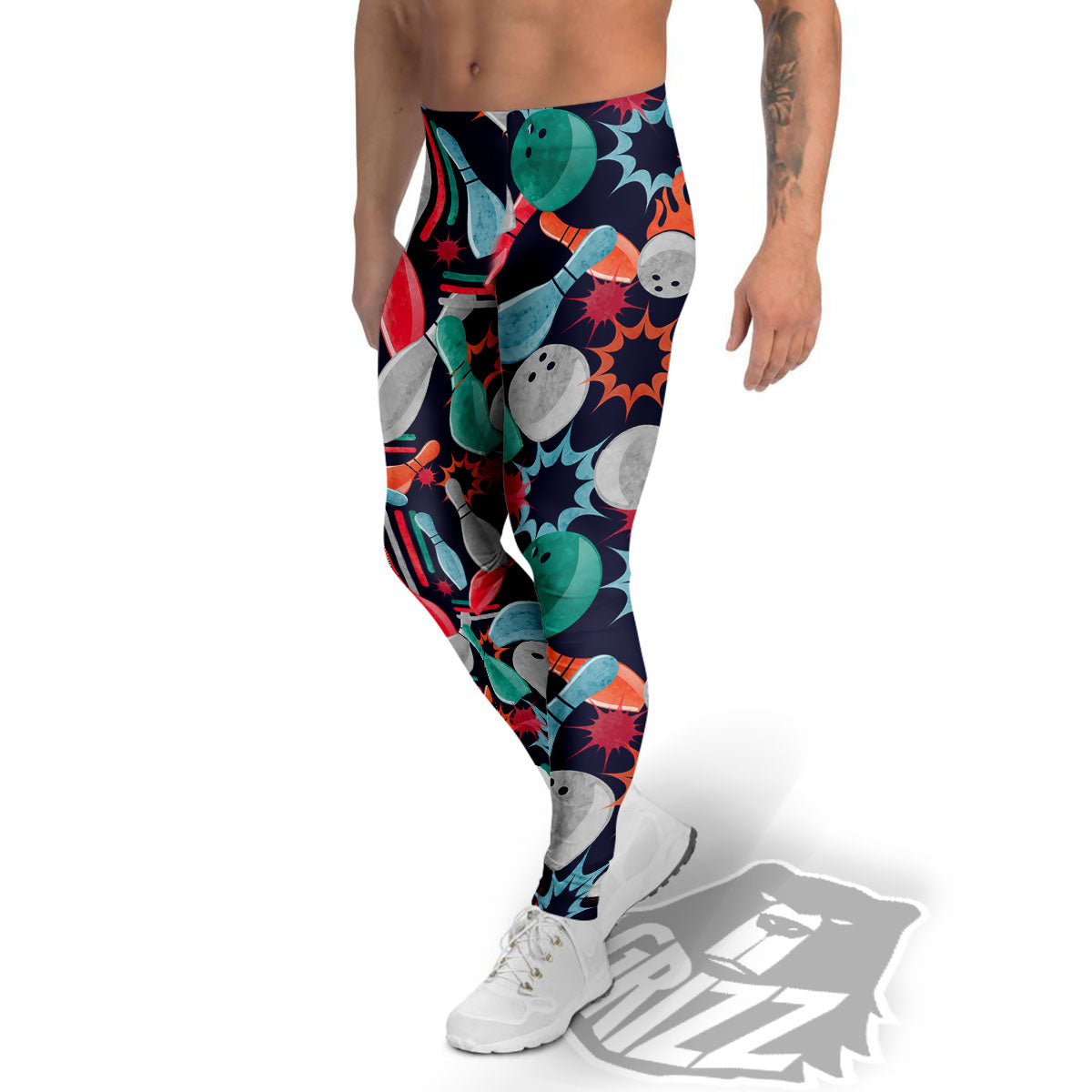 Bowling Theme Watercolor Print Pattern Men's Leggings-grizzshop