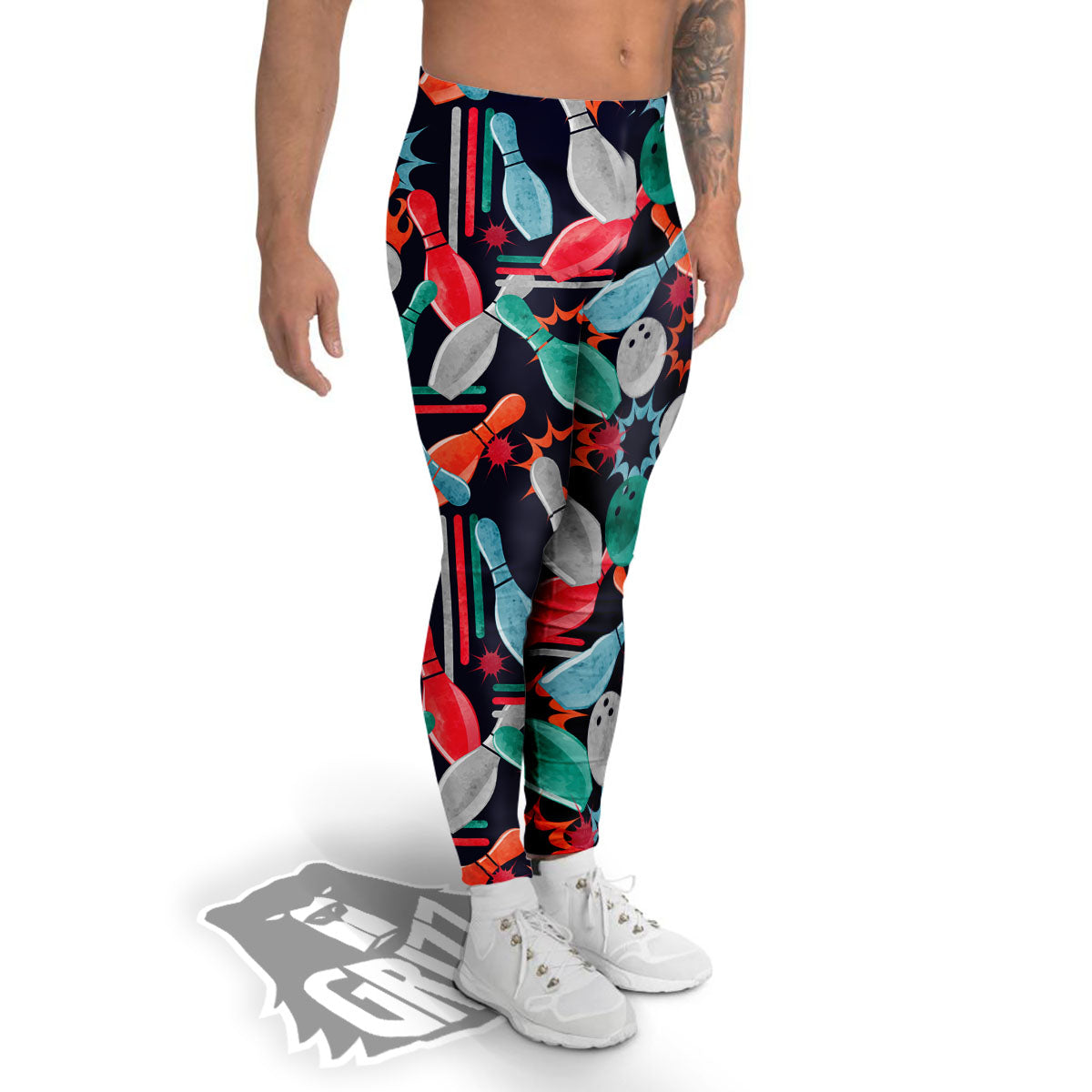 Bowling Theme Watercolor Print Pattern Men's Leggings-grizzshop