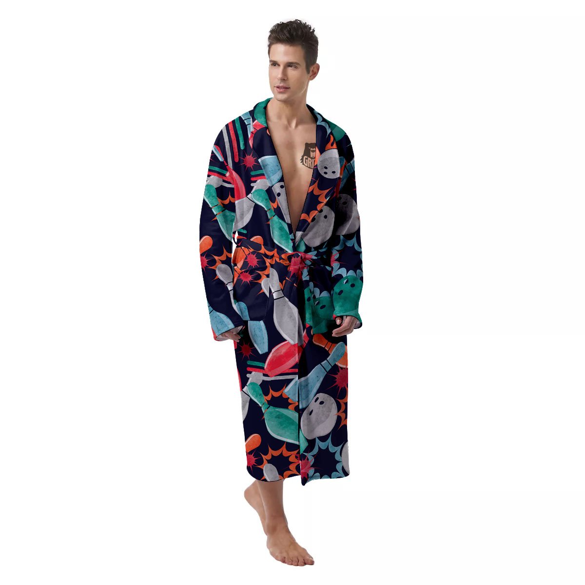 Bowling Theme Watercolor Print Pattern Men's Robe-grizzshop
