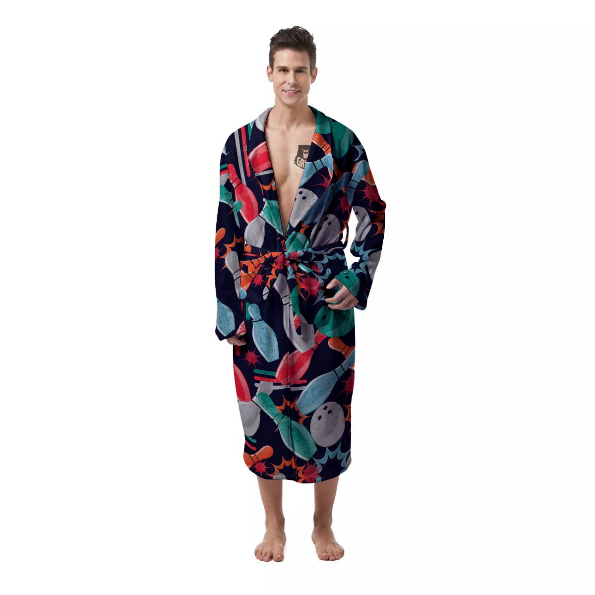 Bowling Theme Watercolor Print Pattern Men's Robe-grizzshop