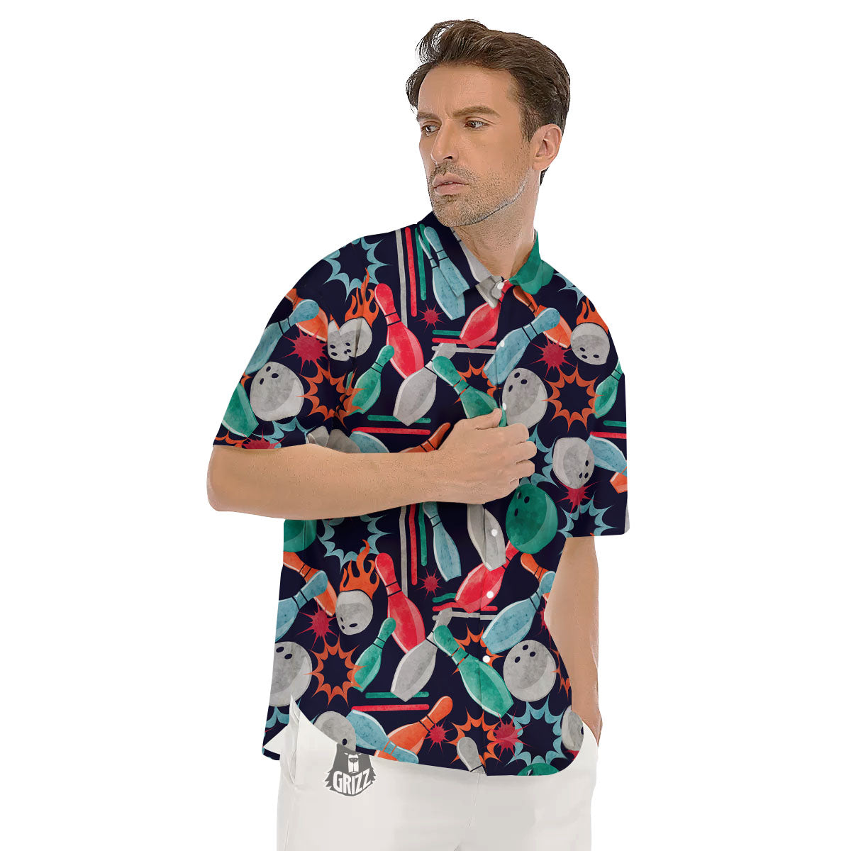 Bowling Theme Watercolor Print Pattern Men's Short Sleeve Shirts-grizzshop