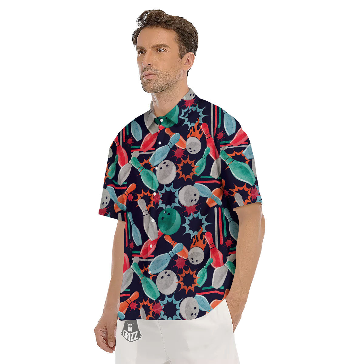 Bowling Theme Watercolor Print Pattern Men's Short Sleeve Shirts-grizzshop