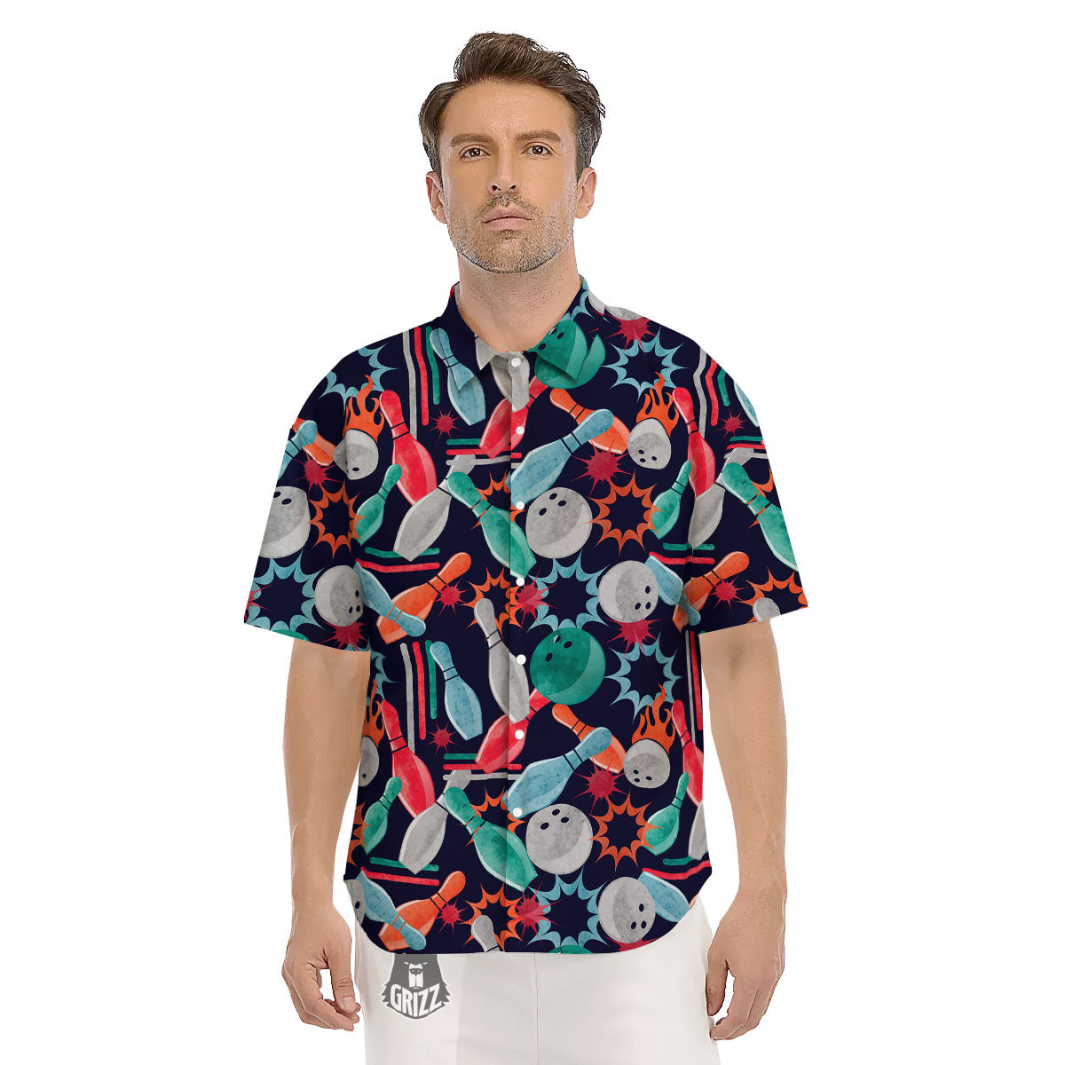 Bowling Theme Watercolor Print Pattern Men's Short Sleeve Shirts-grizzshop