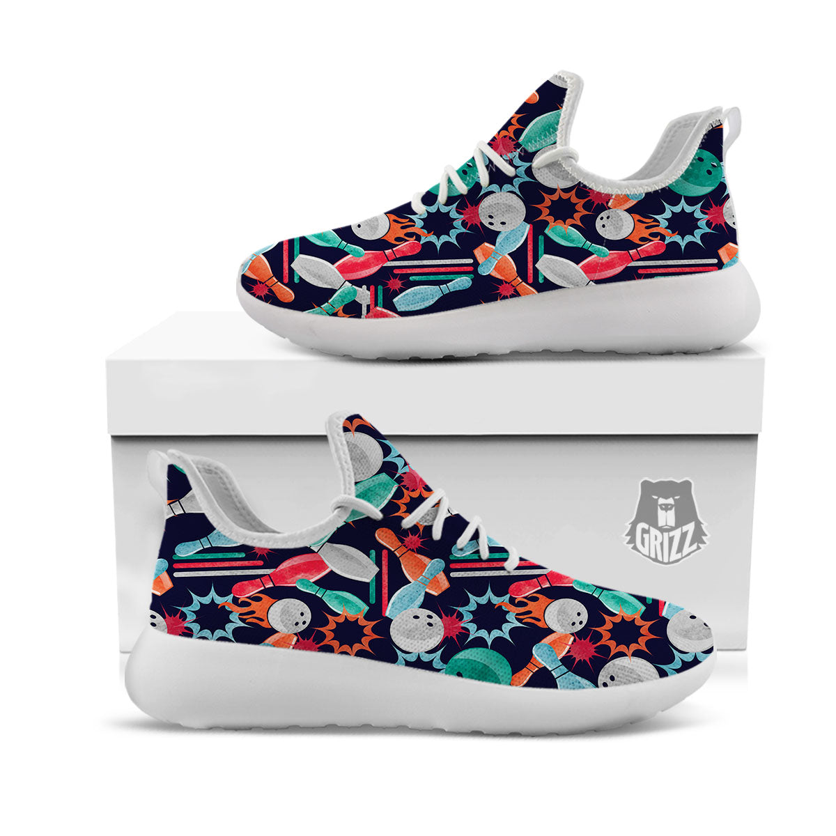 Bowling Theme Watercolor Print Pattern White Athletic Shoes-grizzshop
