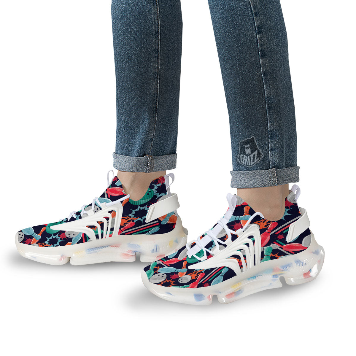 Bowling Theme Watercolor Print Pattern White Gym Shoes-grizzshop