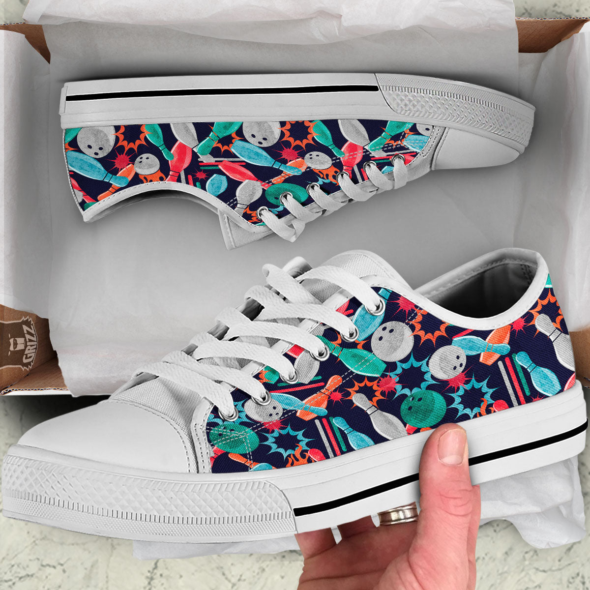Bowling Theme Watercolor Print Pattern White Low Top Shoes-grizzshop