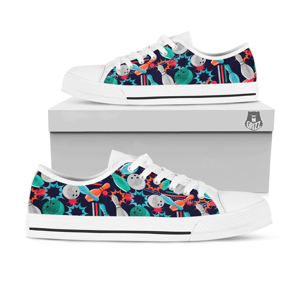 Bowling Theme Watercolor Print Pattern White Low Top Shoes-grizzshop