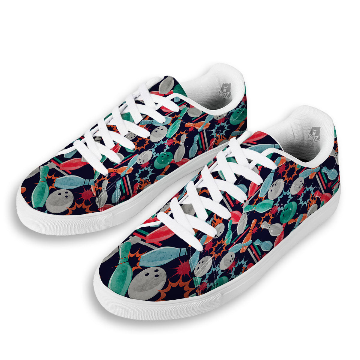 Bowling Theme Watercolor Print Pattern White Low Top Sneakers-grizzshop