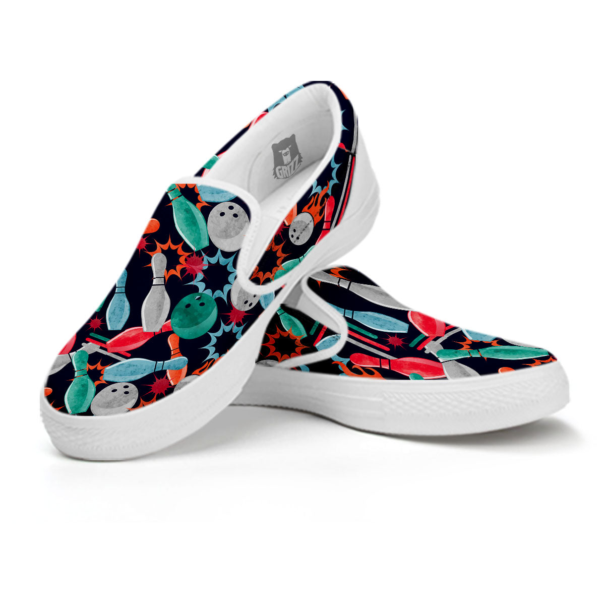 Bowling Theme Watercolor Print Pattern White Slip On Shoes-grizzshop