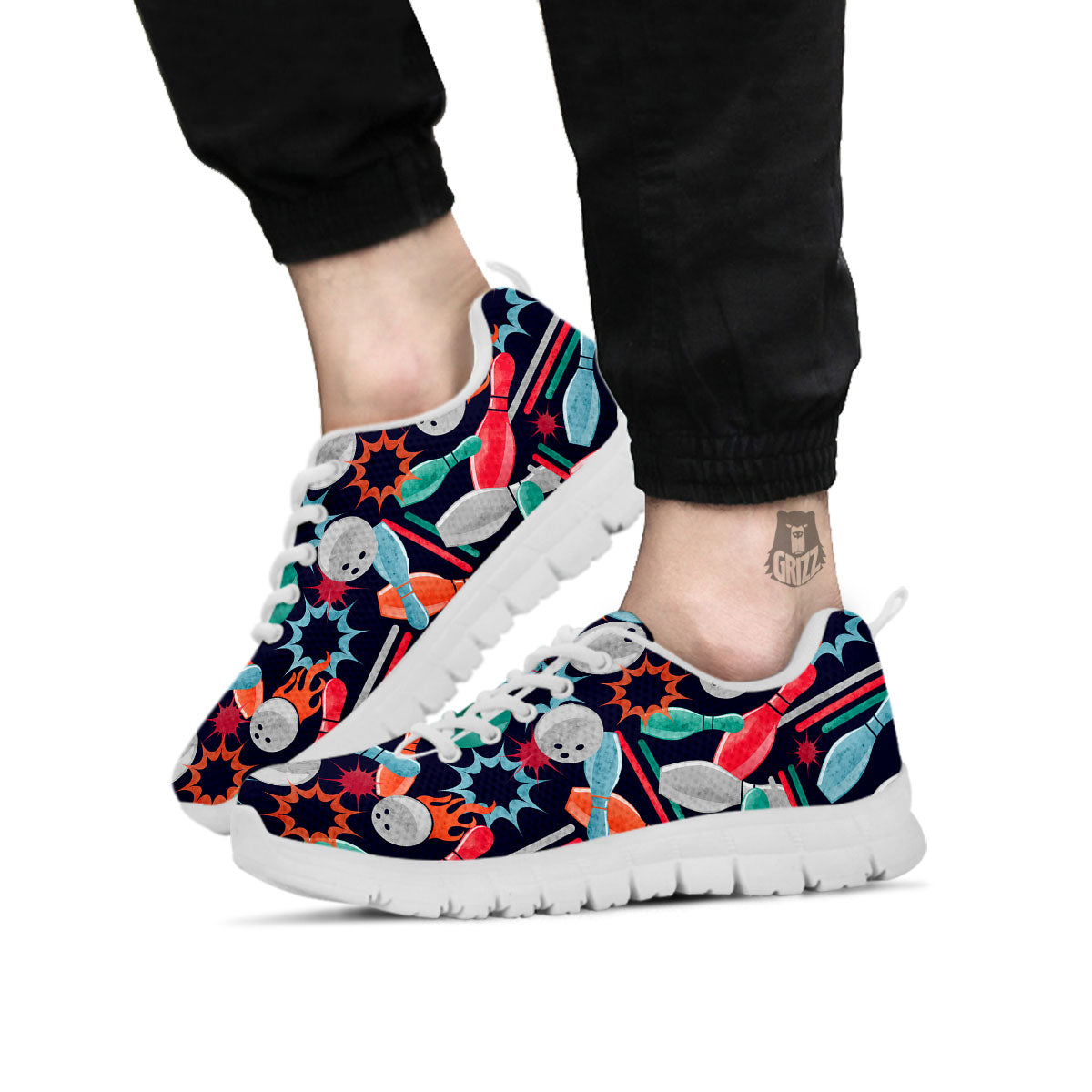 Bowling Theme Watercolor Print Pattern White Sneaker-grizzshop