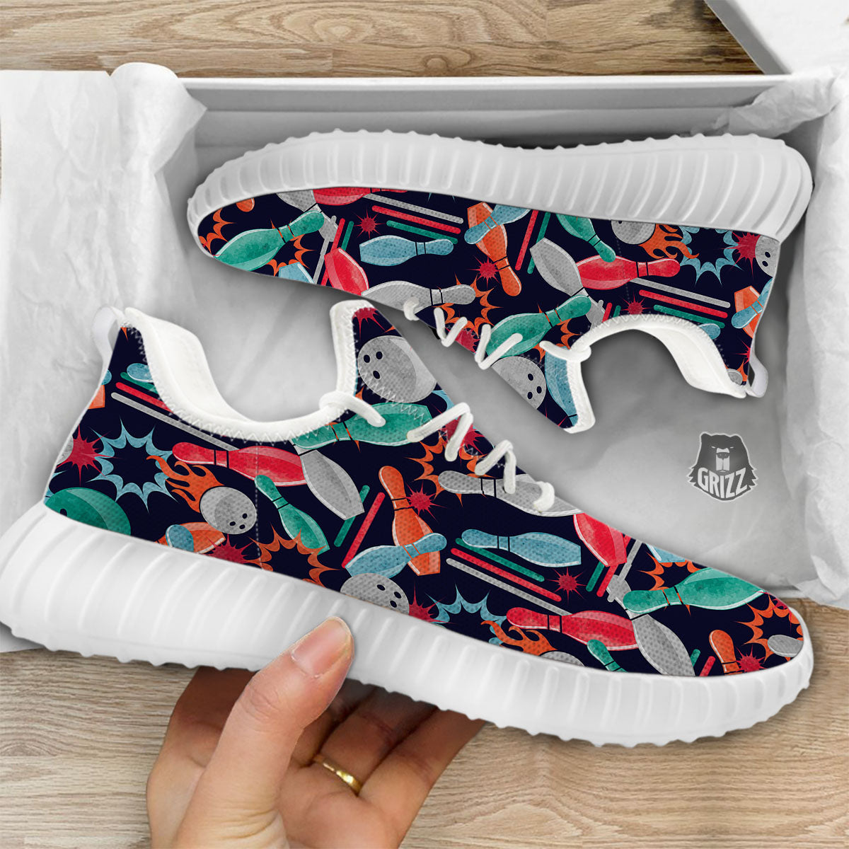 Bowling Theme Watercolor Print Pattern White Walking Shoes-grizzshop