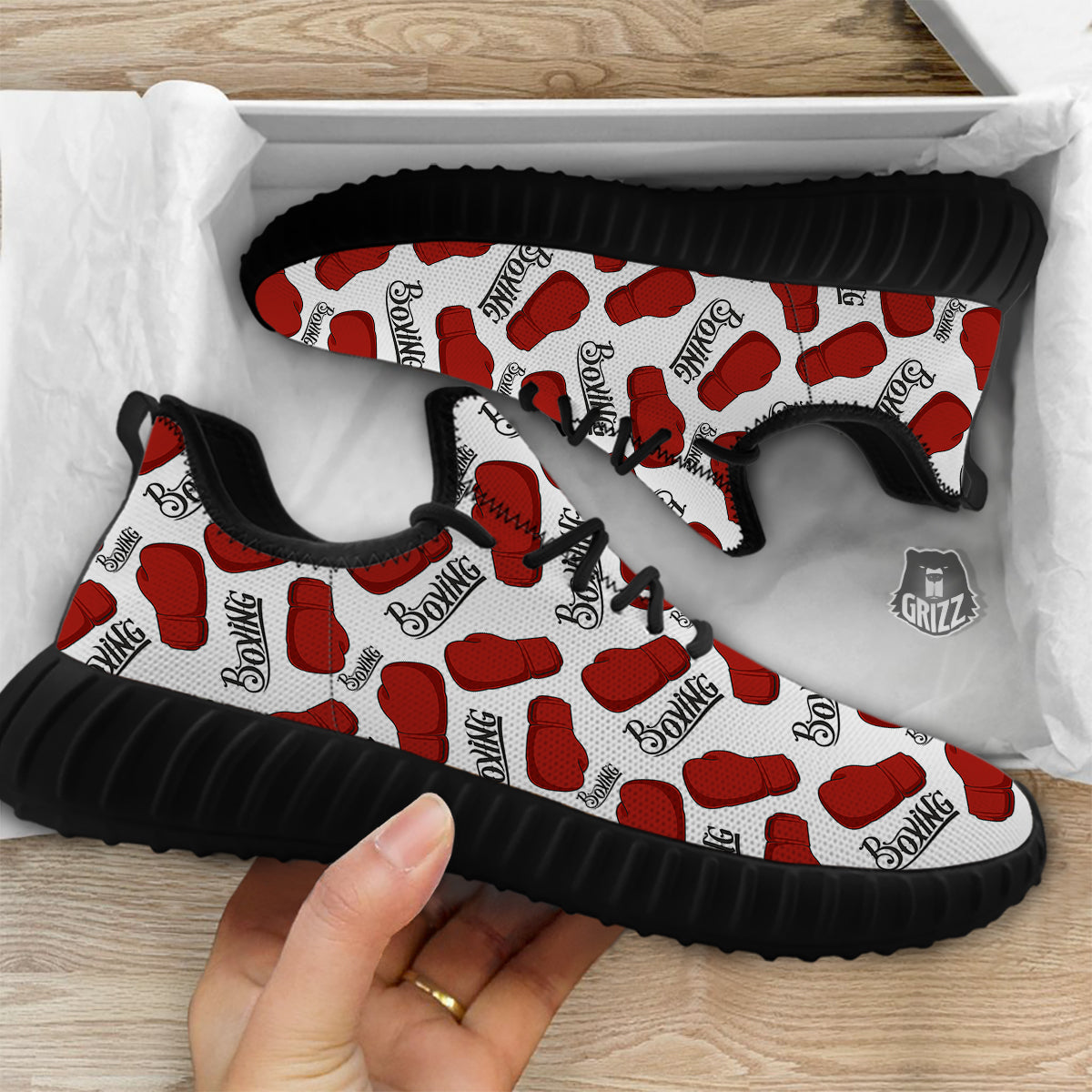 Boxing Glove And Text Print Pattern Black Walking Shoes-grizzshop