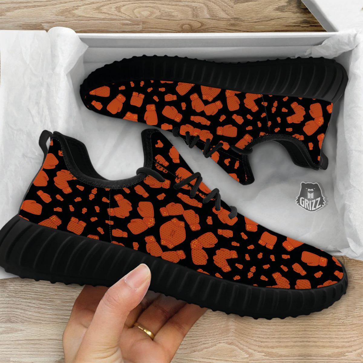 Boxing Gloves Print Pattern Black Walking Shoes-grizzshop