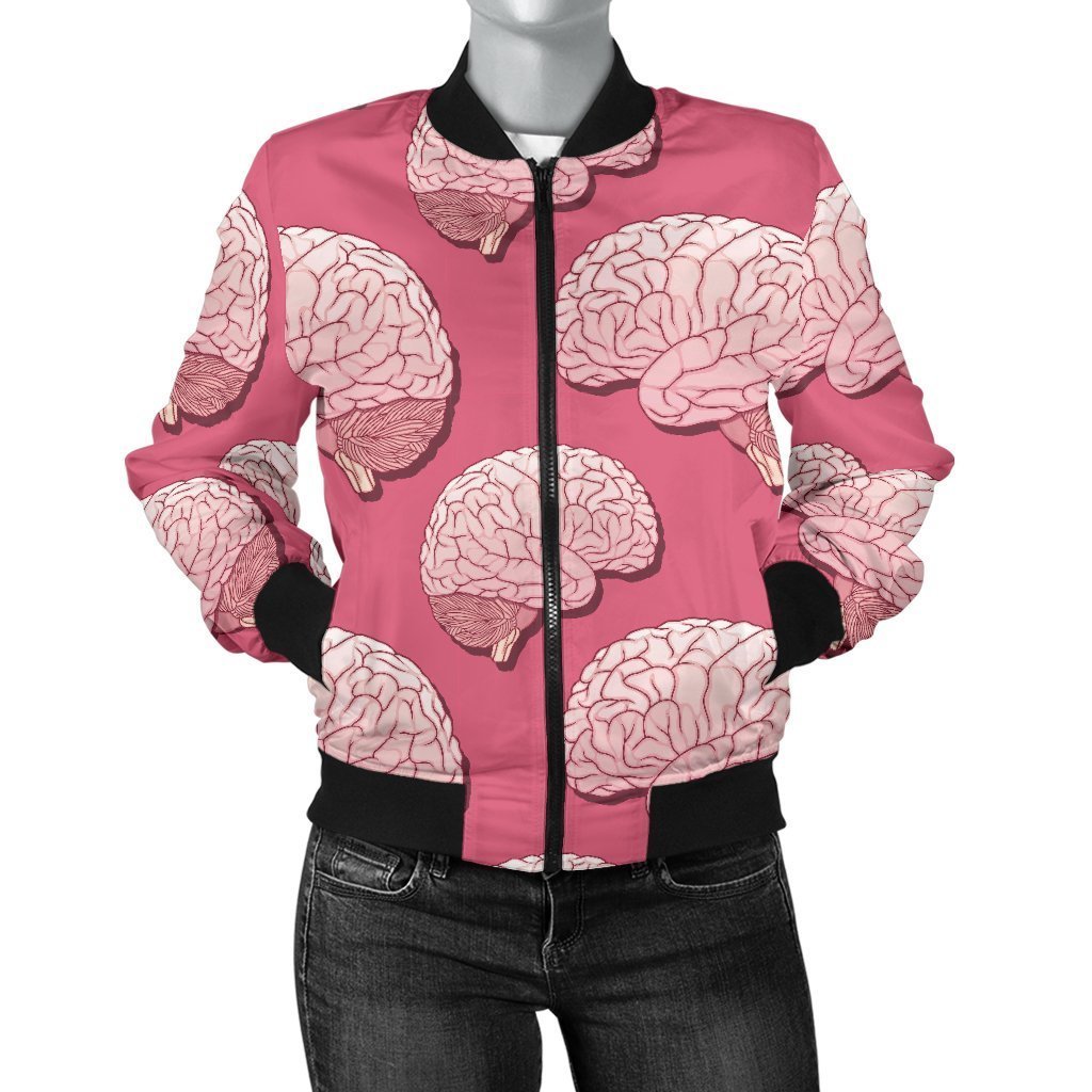 Brain Pink Pattern Print Women Casual Bomber Jacket-grizzshop