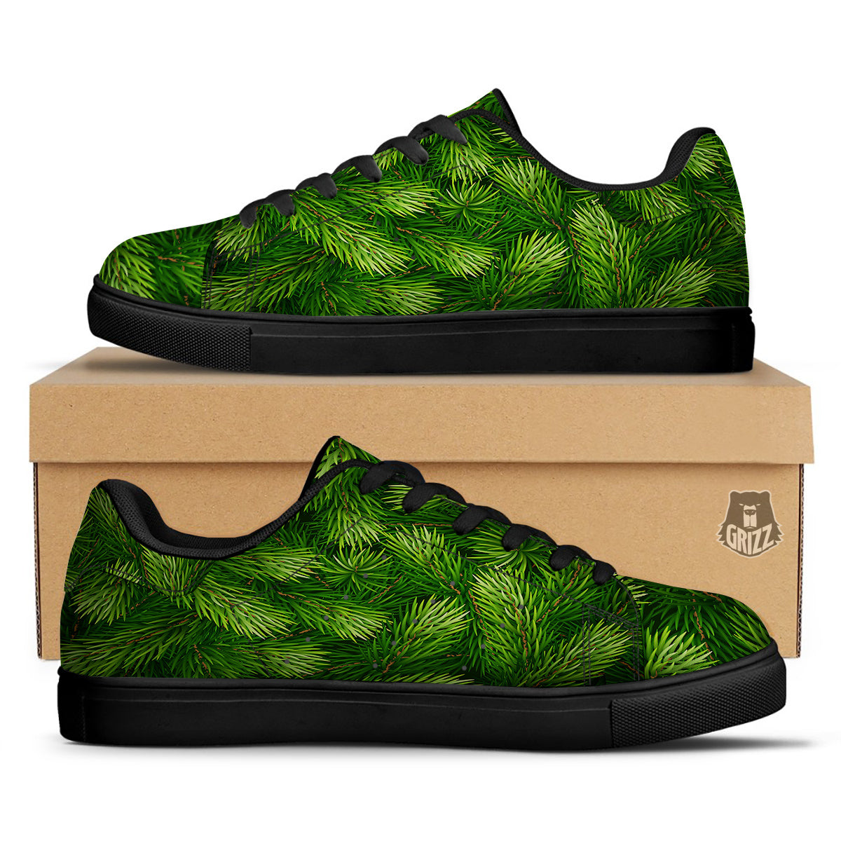 Branches Christmas Tree Print Black Low Top Sneakers-grizzshop
