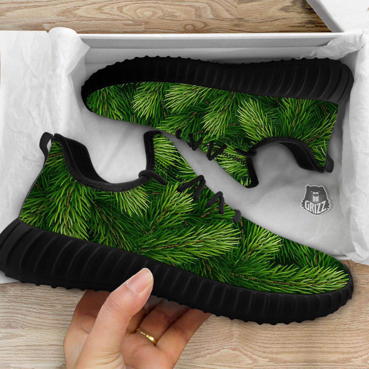 Branches Christmas Tree Print Black Walking Shoes-grizzshop